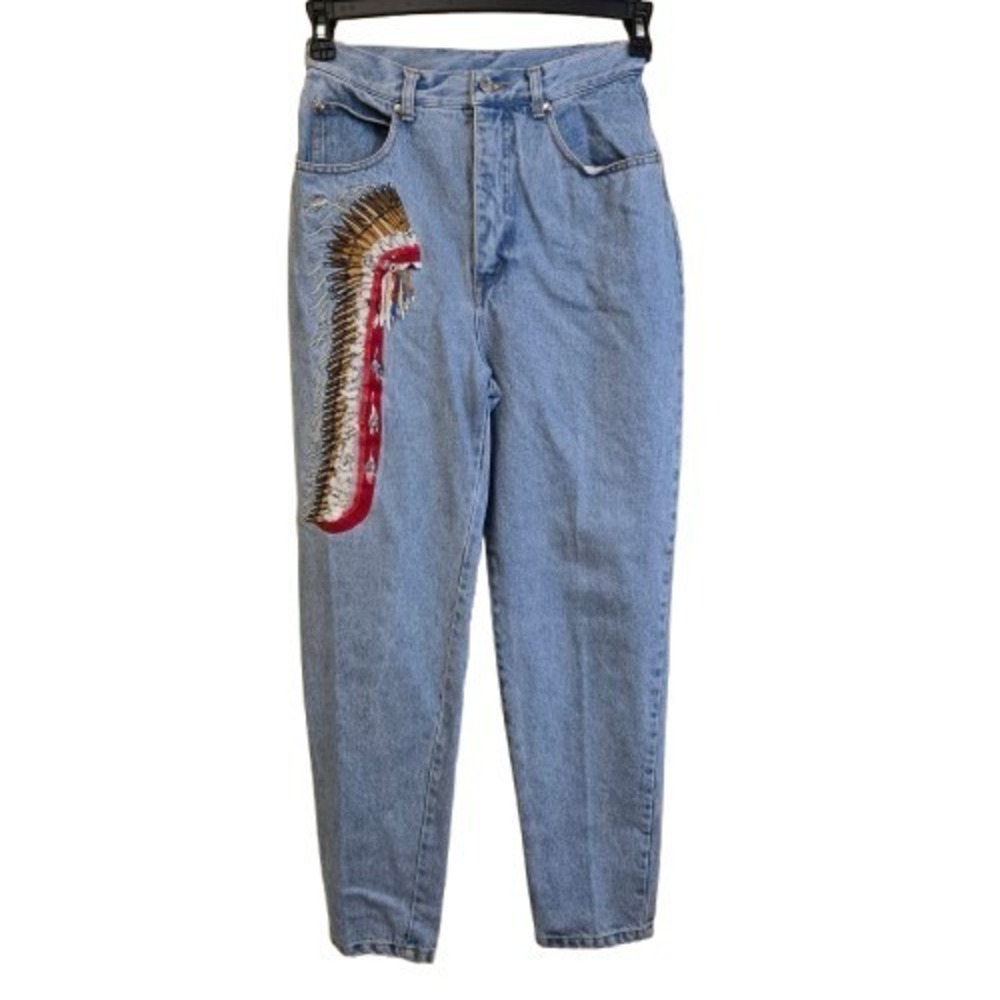 Rare Vintage Cambridge Dry Goods Beaded Headdress High Rise Tapered Jeans Size 8